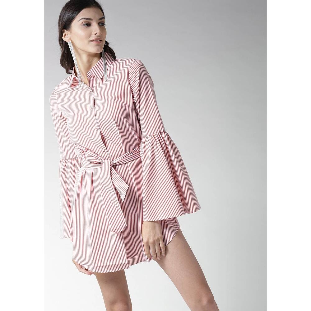 Forever 21 Contemporary Red White Shirt Dress Size Small Belted Bell Sleeve